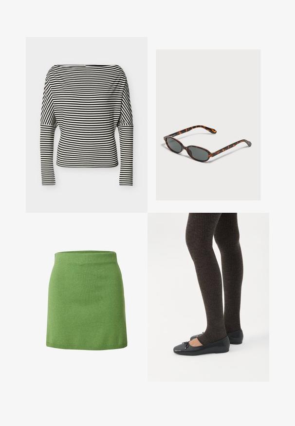Haut à rayures horizontales noires et blanches, manches longues, encolure bateau et manches ajustées sur un fond uni.; Jupe en tricot vert avec une taille ajustée, un design structuré et une texture lisse, présentant un ourlet net sans détails supplémentaires.; Jambes portant des leggings côtelés foncés associés à des ballerines noires avec de petits détails en nœud sur fond blanc.; Petites lunettes de soleil ovales en écaille avec des verres foncés reposant sur une surface gris clair.
