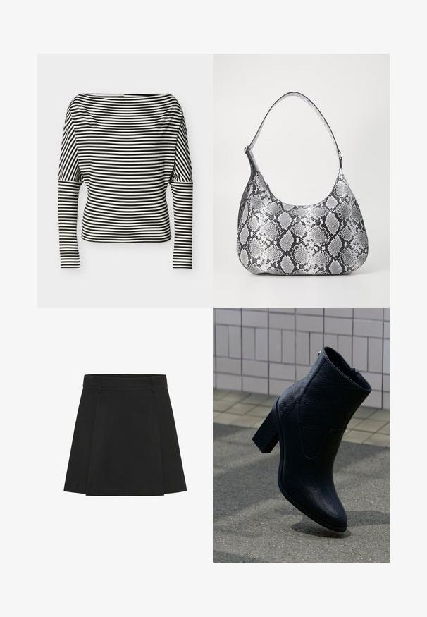 Haut à rayures horizontales noires et blanches, manches longues, encolure bateau et manches ajustées sur un fond uni.; Jupe plissée noire avec une taille structurée. Fabriquée à partir d'un tissu texturé, elle présente des plis distincts et un ourlet droit.; Bottine noire en cuir texturé avec un talon bloc, présentée en angle au-dessus d’un sol pavé et d’un mur carrelé en arrière-plan.; Sac à épaule en simili cuir noir et blanc avec imprimé serpent, de forme arrondie, texture lisse et bandoulière incurvée. Présente un accent en matériel argenté.