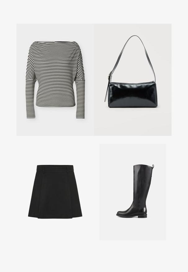 Haut à rayures horizontales noires et blanches, manches longues, encolure bateau et manches ajustées sur un fond uni.; Jupe plissée noire avec une taille structurée. Fabriquée à partir d'un tissu texturé, elle présente des plis distincts et un ourlet droit.; Bottes en cuir noir jusqu'au genou avec une finition lisse, bout rond, talon bas et une languette à l'arrière. Design minimaliste sans motifs visibles.; Sac d'épaule rectangulaire noir avec une sangle réglable unique et une fermeture éclair supérieure sur un fond uni.