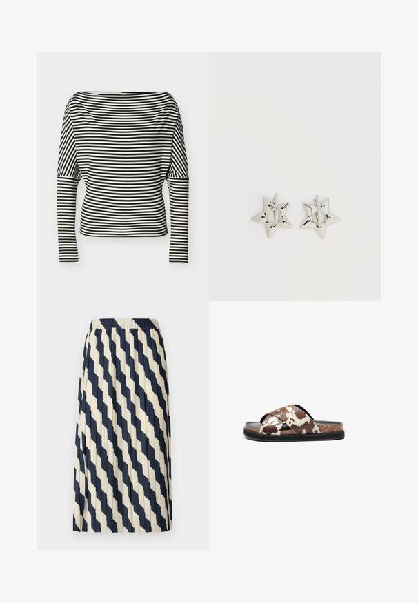 Sort-hvid, vandret striped langærmet top med bådudskæring og tætsiddende ærmer på en ensfarvet baggrund.; Fyrtårnsskjørt i creme og navy, med diamantmønster. Elastisk talje og let stof skaber en flydende silhuet.; Brun og hvid mønstret slidesandale med tværgående stropdesign lavet af blødt materiale, en korkfodbed og en sort gummisål.; Sølv stjerneformede øreringe med en glat, poleret finish på en ensfarvet hvid baggrund.