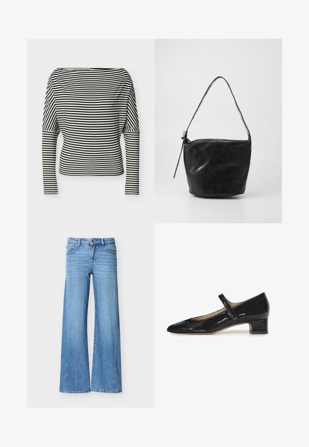 Top de manga larga con rayas horizontales en blanco y negro, escote de barco y mangas ajustadas sobre un fondo liso.; Vaqueros de mezclilla azul claro con cintura alta, cierre de botón y cremallera, bolsillos delanteros y piernas anchas.; Zapato Mary Jane de charol negro con punta afilada y un tacón bajo en bloque. Presenta una única correa ajustable sobre el empeine.; Bolso de hombro negro de cuero con una textura suave, cierre de cremallera y una asa larga y redondeada. El bolso tiene una forma holgada y desestructurada.