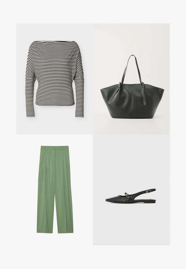 Sort-hvid, vandret striped langærmet top med bådudskæring og tætsiddende ærmer på en ensfarvet baggrund.; Grønne brede bukser lavet af glat stof. Har folder foran, en enkelt knaplukning og bæltestropper.; Sorte læder slingback-sko med spids tå, med en smal rem og en sølvspænde-detalje på siden. Flad sål.; Vero Moda VMDITTA - Shopping bags - black