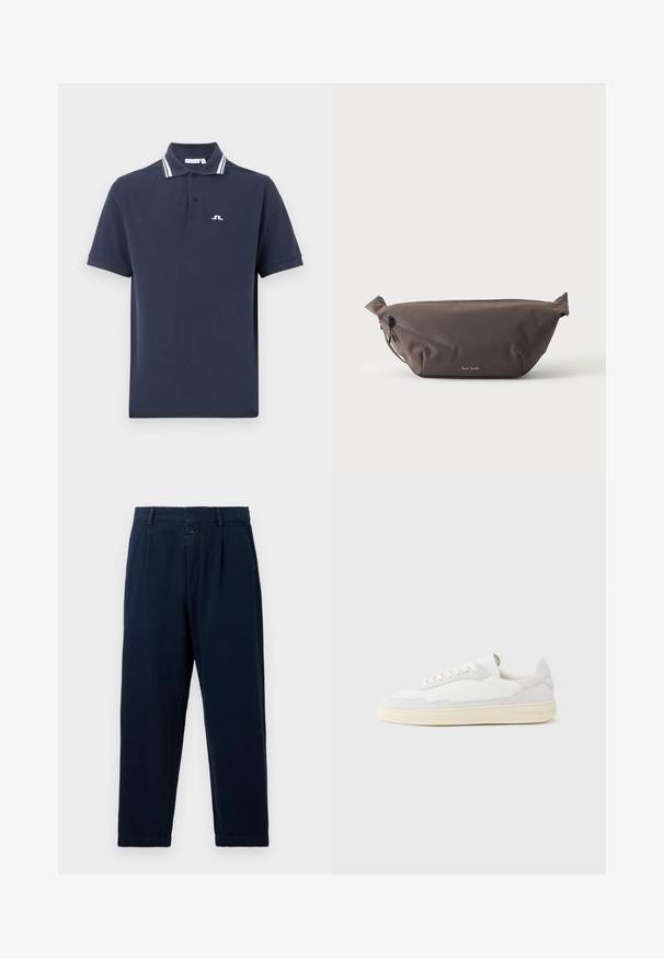 Polo bleu marine en coton, doté d'une patte de boutonnage à trois boutons, d'un col rayé blanc et d'un petit logo blanc sur la poitrine.; CLOSED BLOMBERG - Jean baggy - dark blue; Baskets blanches avec dessus en daim et cuir texturé. Caractérisées par un bout arrondi, une fermeture à lacets et une semelle en caoutchouc beige contrastante.; Sac banane en tissu marron foncé avec poche zippée en diagonale et petit logo blanc sur le devant, sur un fond clair uni.