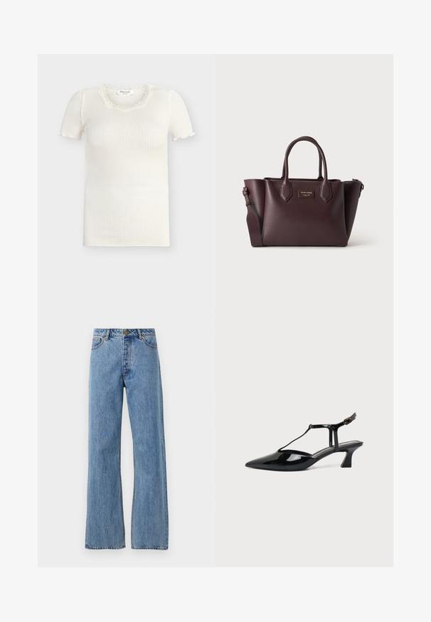 Top blanco de manga corta con costillas, escote cuadrado con borde de encaje y detalle de ligero volante en los puños, talla pequeña.; Jeans de tiro alto de pierna recta en azul claro, con botón frontal, cremallera y diseño de cinco bolsillos sobre un fondo blanco liso.; Zapato slingback de cuero charol negro con punta fina, tira en T y tacón bajo en bloque inclinado sobre fondo blanco.; Bolso de mano de cuero marrón oscuro con dos asas superiores, una correa de hombro desmontable y una pequeña placa rectangular dorada con el logo en el frente.