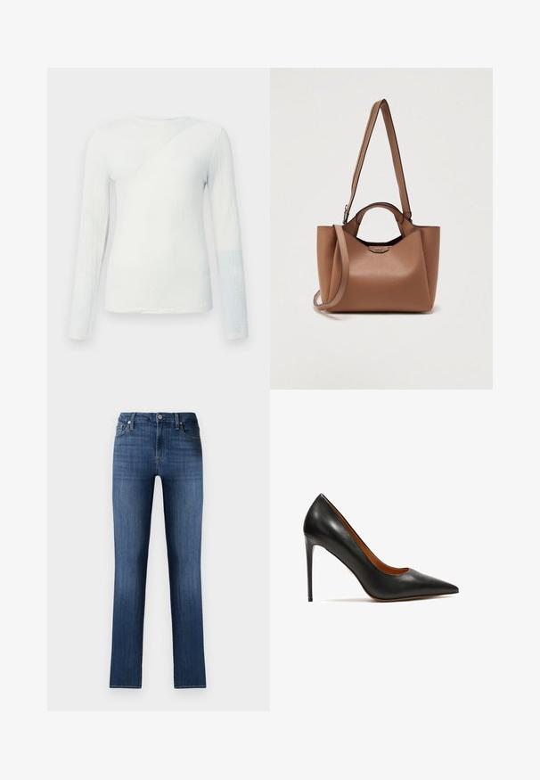 Hvid langærmet top med struktureret stof, med en diagonalsøm og en lyseblå detalje på den nederste ærme, rund udskæring.; Mørkeblå denimjeans med lige pasform, klassisk fem-lomme design, frontknaplukning og subtilt slid, der giver en brugt effekt.; Sorte læder højhælede pumps med spids tå, slank stilettohæl og glat overflade. Indvendigt har de en kontrastfarvet brun foret.; Brun lædertaske med en struktureret form, aftagelig skulderrem og to håndtag. Indeholder et logoemblem på forsiden.