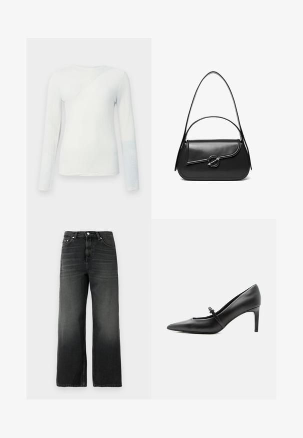 Hvid langærmet top med struktureret stof, med en diagonalsøm og en lyseblå detalje på den nederste ærme, rund udskæring.; Sorte denim jeans med en afslappet pasform, lige ben design, falmet tekstur, fem-lomme stil og sølvknaplukning i taljen.; Sort læderspids højhælede sko med tynd rem og spænde over vristen, stående på en neutral lys baggrund.; Sort skuldertaske i læder med en buet klap, der er fastgjort med en rund metal spænde, og en slank, justerbar rem.