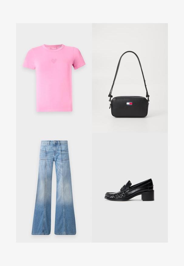 Camiseta rosa de manga corta hecha de suave algodón. Presenta un pequeño diseño bordado de un corazón en el pecho. Estilo clásico de cuello redondo.; Vaqueros acampanados de color azul claro hechos de mezclilla. Cuentan con una cintura alta, cuatro bolsillos y un efecto de degradado desvaído hacia el dobladillo.; Mocasines de cuero negro con un frente rizado, puntera redonda y tacón cuadrado. Presenta una correa decorativa y un detalle de costura a lo largo de los bordes.; Bolso cruzado de cuero negro con forma rectangular. Cuenta con una correa larga y ajustable y un logo de marca colorido en la parte delantera. Textura suave.