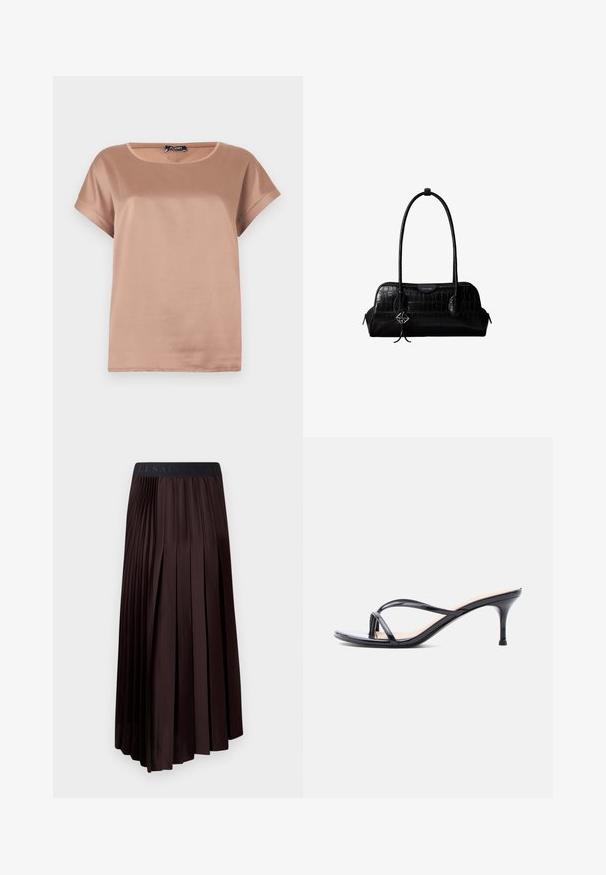 Blusa de satén marrón claro de manga corta con escote redondo, corte relajado y brillo sutil sobre fondo liso.; Falda midi plisada de color marrón oscuro con una textura suave, que presenta una cintura elástica y un detalle de logo en la parte superior.; Sandalia de tacón de charol negro con tiras finas cruzadas y un tacón de aguja delgado de altura media, sobre un fondo blanco.; Bolso de hombro negro de cuero con textura de cocodrilo, con correas largas y un pequeño colgante de logo plateado en una correa.
