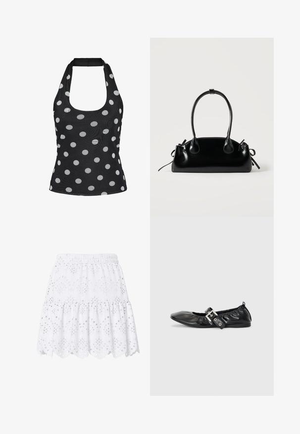 Haut noir à col halter avec un décolleté rond, présentant un motif à pois blancs sur tout le tissu.; Jupe courte blanche à volants avec taille élastique, broderie anglaise et ourlet festonné décoré de motifs floraux.; Chaussure plate en cuir noir avec un nez pointu, des détails froncés autour de l'ouverture et un accent en boucle argentée sur la bride ajustable.; Petit sac à main noir brillant avec deux longues anses et des détails à cordon sur les côtés sur un fond clair uni.