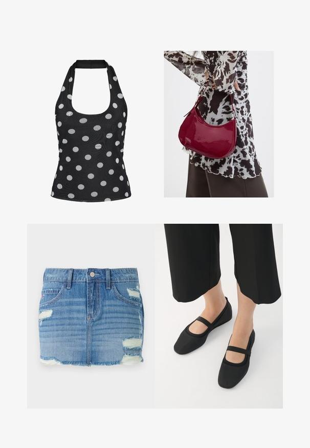 Musta halterneck-toppi, jossa pyöreä pääntie ja valkoinen pallokuvio koko kankaan alueella.; Vaatteet denim minihame vaaleansinisena ja kuluneella pinnalla. Ominaisuuksiin kuuluu purjeet hemlinjassa, haalistuneet osat ja useita repeämiä. Edessä nappisulku ja taskut.; Musta plussa valmistettu sileästä materiaalista, jossa on pyöreä kärki ja erottuva nauha jalkapöydän kohdalla. Tasapohja, minimalistinen muotoilu.; Nainen, jolla on mustavalkoinen kuviollinen pusero, pitää kiiltävää punaista olkalaukkua yksiväristä taustaa vasten.