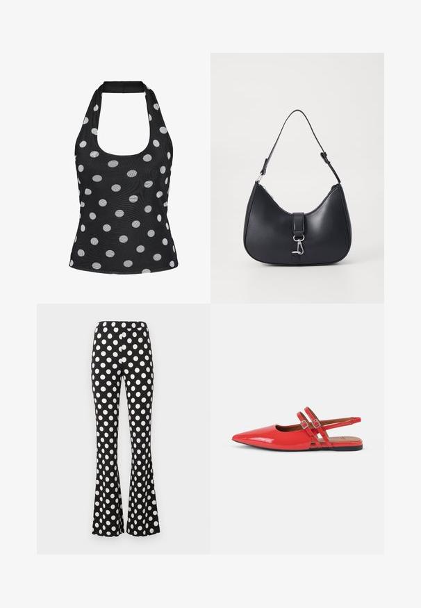 Top negro con cuello halter y escote redondeado, con un diseño de lunares blancos en toda la tela.; Pantalones negros acampanados con grandes lunares blancos y cintura elástica, exhibidos sobre un fondo liso y claro.; Zapatos planos de charol rojo con talón abierto y puntera puntiaguda, con dos finas correas cruzadas y un diseño minimalista. Suela plana negra.; Pieces PCLIKA SHOULDER BAG - Bolso de mano - black