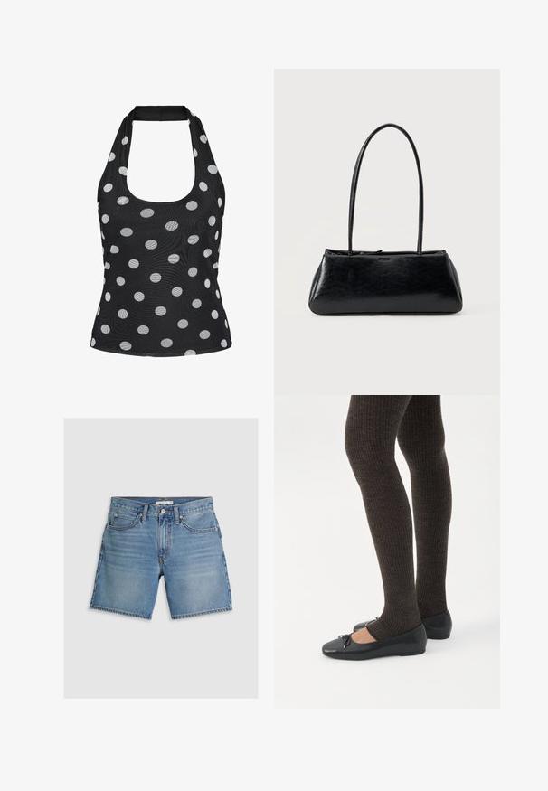 Sort halter-top med scoop-udskæring, med hvidt polkaprik-mønster på hele stoffet.; Lysblå denimshorts med lige snit, fem lommer og knaplukning. Fremstillet af bomuld med en glat tekstur.; Ben iført mørke ribbede leggings kombineret med sorte balletsko med små sløjfedetaljer på hvid baggrund.; Sort rektangulær skuldertaske med lange tynde stropper og en glat, blank tekstur på en ensfarvet baggrund.