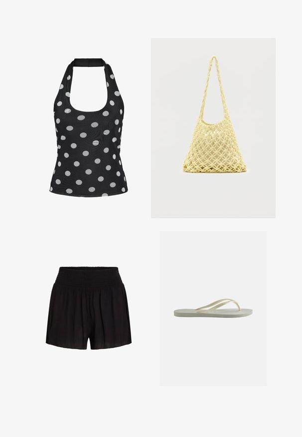 Haut noir à col halter avec un décolleté rond, présentant un motif à pois blancs sur tout le tissu.; Shorts noirs en tissu léger, avec une ceinture froncée et une coupe ample, dotés d'une surface douce et légèrement texturée.; Tongs en caoutchouc blanc cassé, à bride fine et semelle texturée, vues de côté sur un fond uni.; Sac en filet macramé jaune avec longue bandoulière et pochette beige à l'intérieur, présenté sur un fond blanc uni.