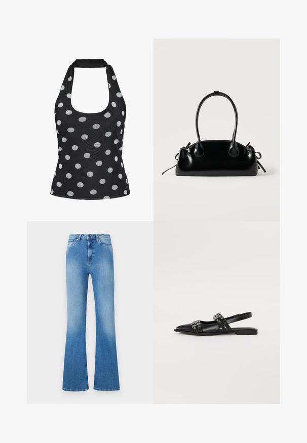Zwarte haltertop met een ronde halslijn, met een wit polkadotpatroon op de hele stof.; Lichtblauwe flared jeans van denim. Voorzien van een klassiek vijf-pocket ontwerp, knoopsluiting en een vervaagd uiterlijk naar de onderkant toe.; Even&Odd by Zalando Slingback ballerina´s - black; Kleine zwarte glanzende handtas met twee lange hengsels en zijkant trekkoord details op een effen lichte achtergrond.