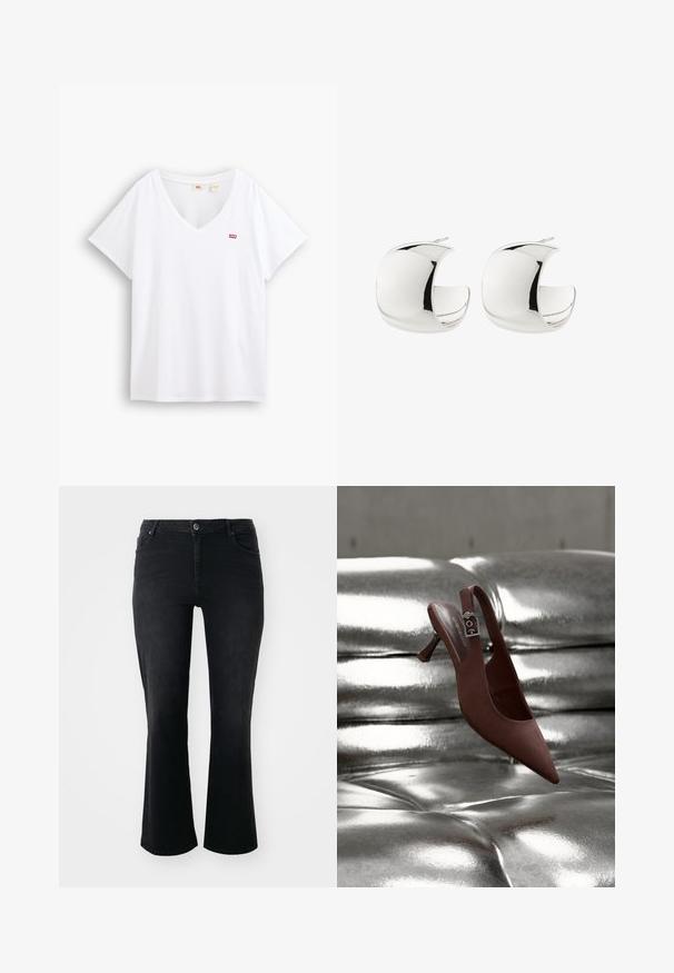 Weißes Baumwoll-T-Shirt mit V-Ausschnitt und kurzen Ärmeln. Verfügt über ein kleines rotes Logo auf der linken Brust. Weiche Textur und lockere Passform.; Schwarze Denim-Jeans mit mittelhohem Bund, vorderem Knopf, zwei Vorder- und zwei Hintertaschen sowie weiter Schnitt.; Brauner spitzer Slingback-Schuh mit niedrigem Absatz und Schnallenriemen, der auf einer glänzenden, silbermetallischen, gesteppten Oberfläche ruht.; Paar polierte silberne halbmondförmige Creolen mit Steckverschluss auf weißem Hintergrund.