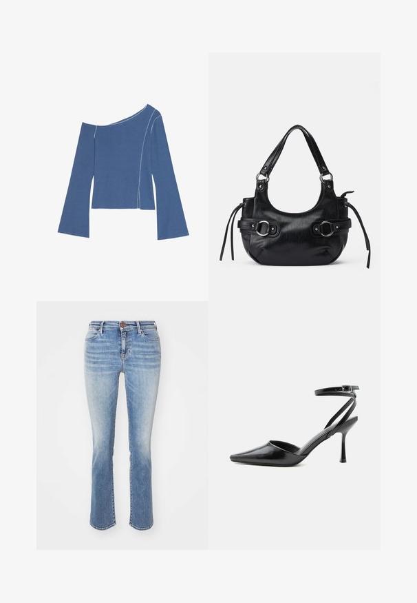 Even&Odd Camiseta de manga larga - dark denim; Jeans de denim azul con un corte slim bootcut. Lavado desgastado, cinco bolsillos y un botón de cobre en la cinturilla. Dobladillo recto.; Zapato de tacón alto negro de punta fina con delgadas correas en el tobillo y cierre de hebilla plateada sobre un fondo liso claro.; Bolso de cuero negro con forma redondeada, que cuenta con dos hebillas laterales, textura suave y una correa corta para el hombro. Los detalles incluyen borlas laterales.