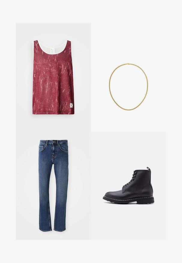 Rød mesh tanktop med et let falmet, slidt mønster. Har hvid kant langs halsudskæringen og ærmegabene, samt et lille logo tag nederst.; Lyseblå denimjeans med lige ben-design, fem-lomme stil og metalknaplukning. Har diskrete stikninger og en glat tekstur.; Sort læder ankelstøvle med snørebånd, tyk sål og trække-flig bagpå, vist i sideprofil mod en hvid baggrund.; Simpel guldkæde med curb link-design og lille lås, vist på hvid baggrund.