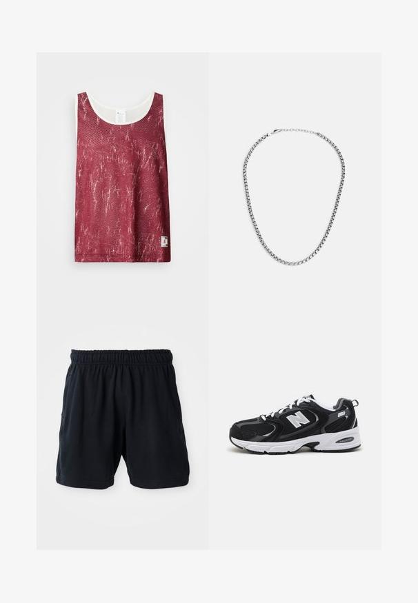 Punane võrkmaterjalist tank top, millel on veidi kulunud ja kulutatud muster. Kraeli ja käeaukude ääres on valge ääris ning allosas väike logo silt.; Mustad mustad spordilühikesed püksid, mis on valmistatud pehmest kangast, elastse vöökoha ja kahe küljetaskuga mugavuse nimel.; Must värvi ja hallid spordijalatsid, mille ülemine osa on valmistatud võrgust ja nahast, valge vaheosaga, paeltega ja küljel julge "N" logo.; Fossil JEWELRY NECKLACE - Kaelakee - silver-coloured