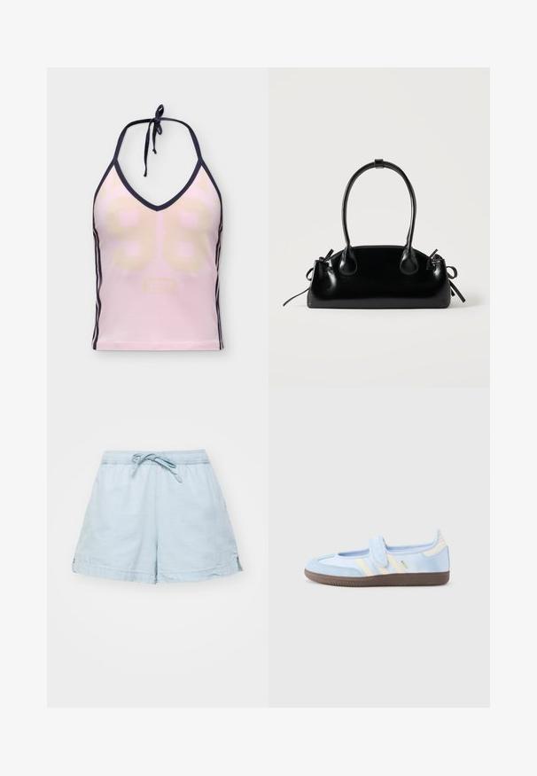 Roze haltertop met zwarte biezen, lichtbeige nummer 98 aan de voorkant en drie zwarte strepen langs de zijkanten.; Lichtblauwe, lichte shorts met een elastische tailleband en trekkoord. Voorzien van zijzakken en een relaxte pasvorm, gemaakt van zachte stof.; Lichtblauwe sneaker met klittenbandsluiting, crèmekleurige strepen aan de zijkanten, zachte stoffen bovenzijde, gestructureerde bruine rubberen zool.; Kleine zwarte glanzende handtas met twee lange hengsels en zijkant trekkoord details op een effen lichte achtergrond.