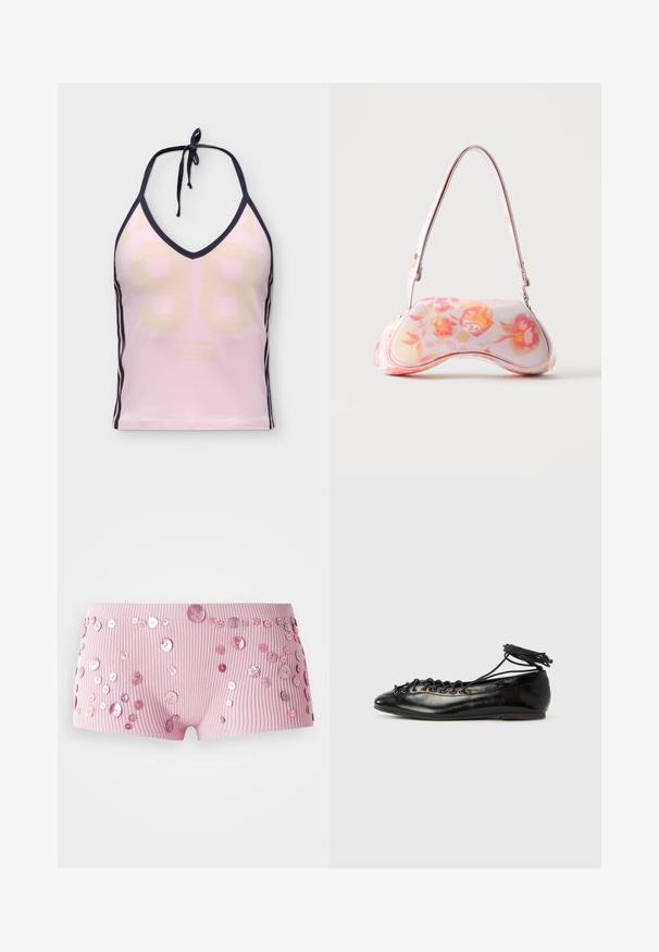 Pink halterneck tanktop med sort kant, lysebeige nummer 98 foran og tre sorte striber langs siderne.; Lyserøde ribbede shorts prydet med forskellige størrelser af skinnende lyserøde knapper spredt over stoffet.; Sorte balletflade sko i laklæder med rundet tå, snørelukning og flad sål. Glat tekstur med få detaljer.; Lille håndtaske med en buet form med et pink og orange blomsterprint og en enkelt skulderrem mod en ensfarvet baggrund.