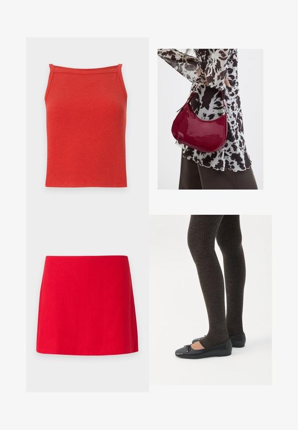 Rød ribbet tanktop med en tætsiddende design, smalle stropper og en glat tekstur. Har en simpel, ren halsudskæring og ingen ekstra detaljer.; Rød linned mini nederdel med et enkelt, lige design, der fremhæver en glat tekstur uden synlige mønstre eller hardware.; Ben iført mørke ribbede leggings kombineret med sorte balletsko med små sløjfedetaljer på hvid baggrund.; Kvinde iført en sort- og hvidmønstret bluse, der holder en blank rød skuldertaske mod en ensfarvet baggrund.