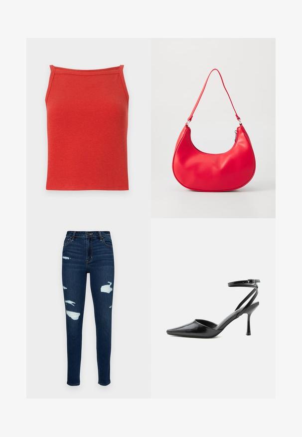 Punane sooniline tank top, mis on kinnise disainiga, kitsaste rihmadega ja sileda tekstuuriga. Omab lihtsat, puhtat kaelust ning ei sisaldanud lisadetaile.; Tumedad sinised kitsad teksapüksid, millel on kulutatud plaastrid ja lahtine ääredetail. Klassikaline viie tasku disain ja luku tõmblukk.; Mustad terava otsaga kõrged kontsakingad peente pahkluu rihmade ja hõbedase pandlaga ühevärvilise heleda taustal.; Punane sünteetilisest nahast õlaline kott, millel on kaarjas kuju, õhuke rihm ja lukuga sulgemine. Sile tekstuur, millel on nähtavad õmbluse detailid.