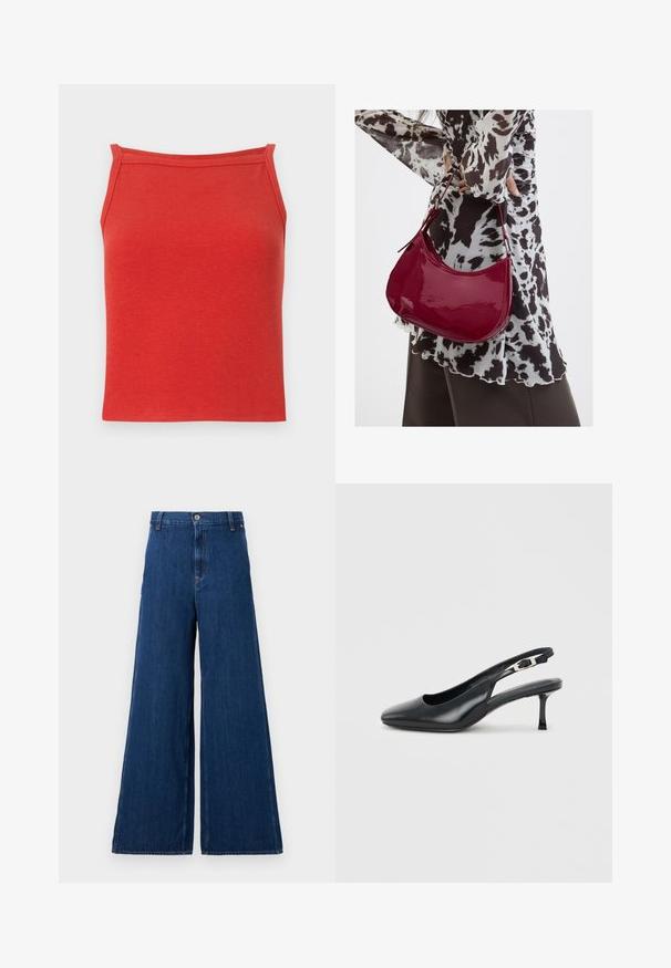 Rode geribbelde tanktop met een aansluitend ontwerp, smalle bandjes en een soepele textuur. Heeft een eenvoudige, strakke halslijn en geen verdere details.; Replay PANTS - Straight leg jeans - dark blue; Zwarte leren slingback met puntige neus, lage, slanke kittenhak en verstelbare gespsluiting op een effen lichte achtergrond.; Vrouw met een zwart-wit gebloemde blouse houdt een glanzende rode schoudertas vast tegen een effen achtergrond.
