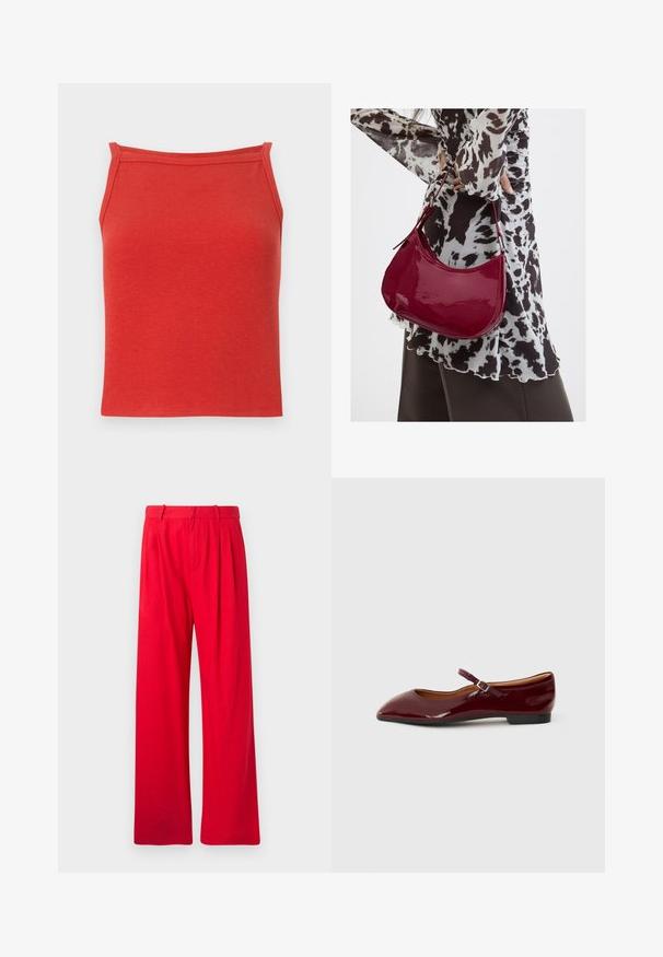 Top de tirantes rojo con diseño ajustado, tirantes estrechos y una textura suave. Presenta un escote simple y limpio, sin detalles adicionales.; Pantalones anchos rojos hechos de tela suave, con pliegues frontales, una cinturilla plana y una textura suave. Sin bolsillos ni patrones visibles.; Bailarinas de charol burdeos con punta afilada y una fina correa en el tobillo que presenta una pequeña hebilla. Suela plana con un acabado suave.; Mujer con blusa de estampado en blanco y negro sosteniendo un bolso de hombro rojo brillante sobre un fondo liso.
