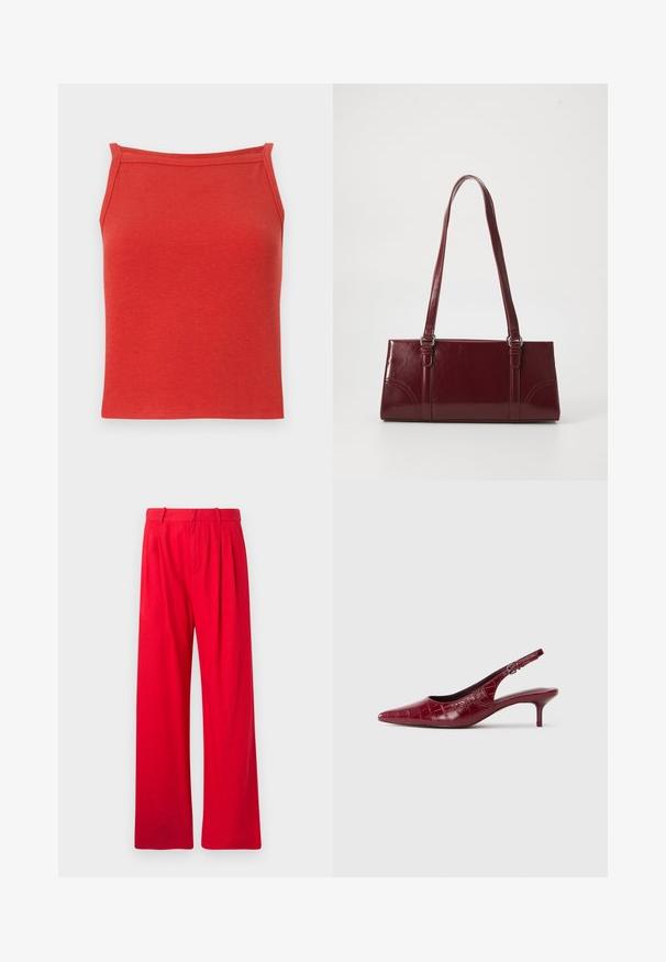 Top de tirantes rojo con diseño ajustado, tirantes estrechos y una textura suave. Presenta un escote simple y limpio, sin detalles adicionales.; Pantalones anchos rojos hechos de tela suave, con pliegues frontales, una cinturilla plana y una textura suave. Sin bolsillos ni patrones visibles.; Zapato de tacón tipo slingback de cuero burdeos con textura de cocodrilo, punta afilada, correa ajustable con hebilla y tacón bajo tipo kitten sobre un fondo blanco.; Bolso burdeos hecho de material brillante, de forma rectangular, con dos asas para el hombro y sutiles acentos curvados en la parte frontal.
