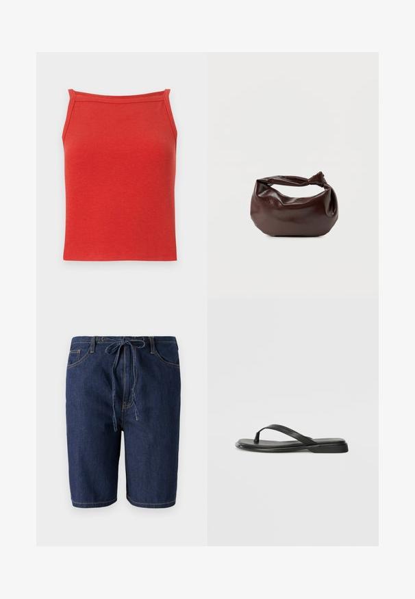 Punane sooniline tank top, mis on kinnise disainiga, kitsaste rihmadega ja sileda tekstuuriga. Omab lihtsat, puhtat kaelust ning ei sisaldanud lisadetaile.; Tumed sinised teksashortsid, millel on paelaga vöökoht, viis taskut ja kontrastõmblused. Keskmise reie pikkus ja sile tekstuur.; Musta sussumood, mis on valmistatud siledast nahast. Sellel on õhuke rihma disain ja lame tald minimaalsete joontega. Mingeid silmatorkavaid mustreid või aktsente ei ole.; Tumepruunast nahast õlakott, pehme ja lõdva vormiga, keeratud sõlme tüüpi sangaga, valgel ühevärvilisel taustal.