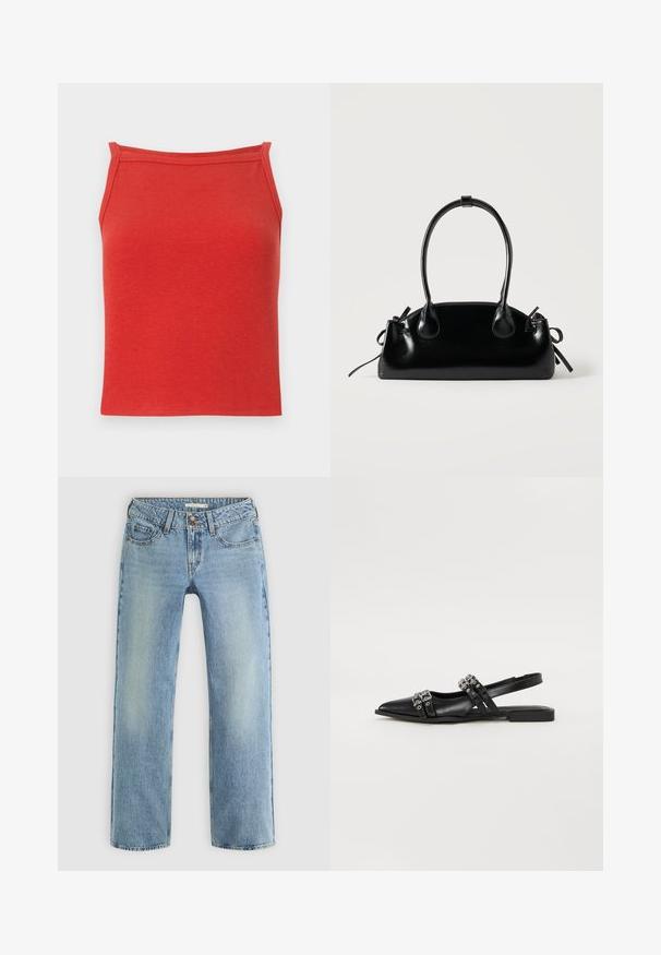 Rotes, geripptes Tanktop mit taillierter Passform, schmalen Trägern und glatter Textur. Verfügt über einen einfachen, klaren Ausschnitt und keine zusätzlichen Details.; Hellblaue gerade geschnittene Jeans aus Denim, mit Knopfverschluss, fünf Taschen und subtiler Ausbleichung entlang der Beine.; Even&Odd by Zalando Sling-Ballerina - black; Kleine schwarze glänzende Handtasche mit zwei langen Griffen und seitlichen Kordelzug-Details vor einfachem hellem Hintergrund.