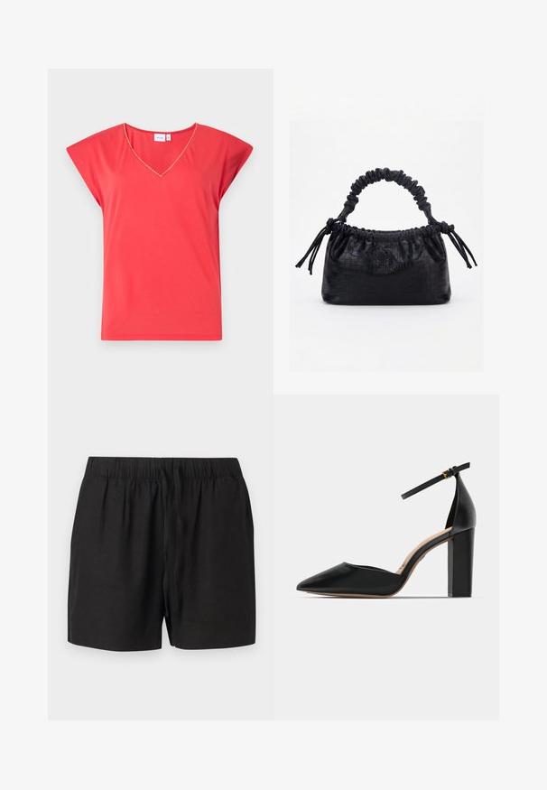 Chemise rouge corail à manches courtes avec col en V et finition dorée le long de l'encolure, présentée sur un fond neutre et plat.; Shorts noirs décontractés avec taille élastique et cordon devant, fabriqués en tissu léger, présentés sur un fond neutre.; Chaussure à talons hauts en cuir noir avec une bride de cheville, bout pointu et un talon carré épais. Texture lisse avec un design minimaliste.; Sac à main noir avec texture crocodile, bord supérieur froncé, poignée plissée et pompons à cordon de chaque côté sur fond blanc.