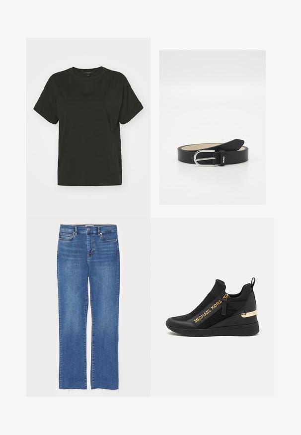 AllSaints LISA TEE - T-shirts basic - black; Blå denim jeans med lige snit, der har knap- og lynlåslukning, fem lommer og frynsede kanter forneden.; Sorte atletiske sneakers med mesh-paneler, gulllogo-detaljer, slip-on design og en kilehæl for ekstra højde. Gummisål.; Sort læderbælte med tekstureret overflade, sølvfarvet metalklap og præget logo. Simpelt design med standard bredde og spidset ende.