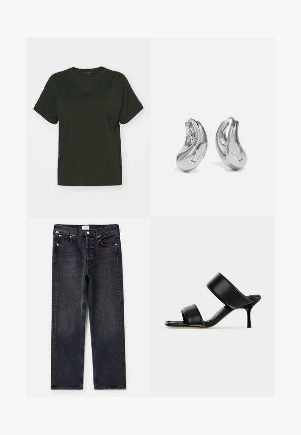 AllSaints LISA TEE - T-shirts basic - black; Sorte denimjeans med lige pasform, fem lommer, sølvhardware og en let falmet tekstur. Klassisk design med minimal detaljering.; Sort læder mule sandal med to brede remme og en slank mellemhøj stiletthæl på en ensartet lys baggrund.; Sølvøreringe med en buet, blank finish og et sømløst design. Har en hængsellukning for sikker bæring.