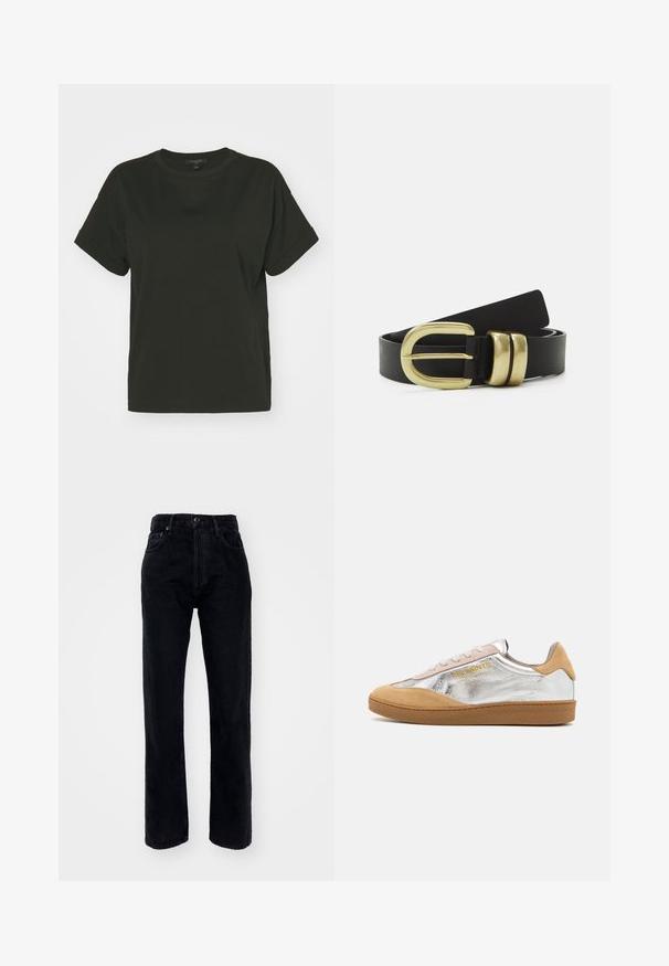 AllSaints LISA TEE - T-shirts basic - black; Sorte denim jeans med høj talje og lige ben, der har fem lommer, bæltestropper og en knaplukning i taljen.; Sølv- og sandfarvet ruskinds sneaker med en struktureret gummisål, beige snørebånd og et logo trykt i gult på siden.; Sort læderbælte med en stor guldspænde med to runde detaljer, glat tekstur og et elegant design.