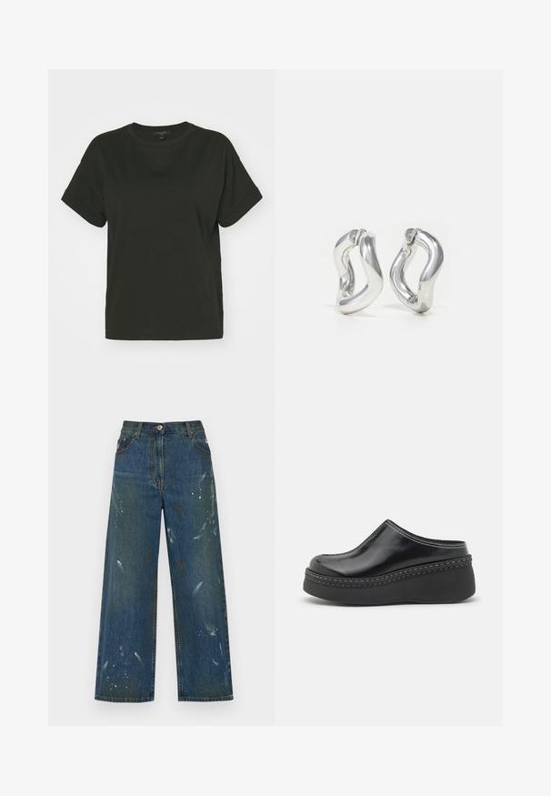 AllSaints LISA TEE - T-shirt basique - black; Jeans à jambe large en denim bleu foncé, avec des détails de éclaboussures de peinture. Design classique à cinq poches avec une fermeture à bouton à la taille.; Sabots à plateforme noirs brillants avec un orteil arrondi, un dessus arrondi et des coutures blanches contrastantes le long du bord de la semelle.; Boucles d'oreilles créoles argentées avec un design torsadé. Bords arrondis et finition brillante. Fermoirs ouverts pour un port facile. Texture lisse sur toute la surface.