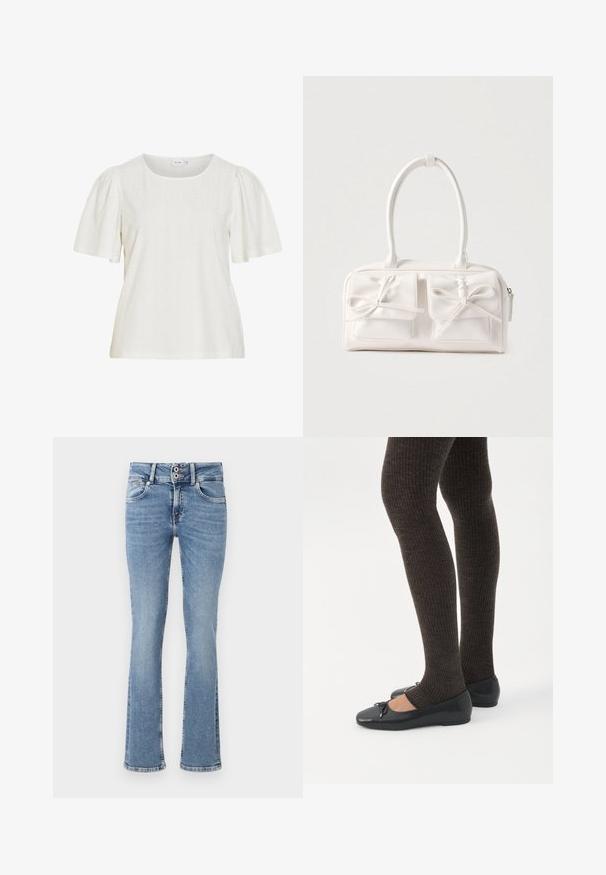 Blusa blanca de manga corta con mangas abullonadas, escote redondo y patrón texturizado con pequeños puntos sutiles.; Pantalones vaqueros de mezclilla azul de pierna acampanada con un lavado medio, cierre de botones, diseño de cinco bolsillos y detalles cosidos en los bolsillos y el dobladillo.; Piernas con leggings oscuros acanalados combinados con bailarinas negras que presentan pequeños detalles de lazo sobre un fondo blanco.; Bolso sintético blanco con dos bolsillos delanteros, cada uno con un detalle de lazo atado. Textura suave, asas redondeadas y cierre de cremallera.
