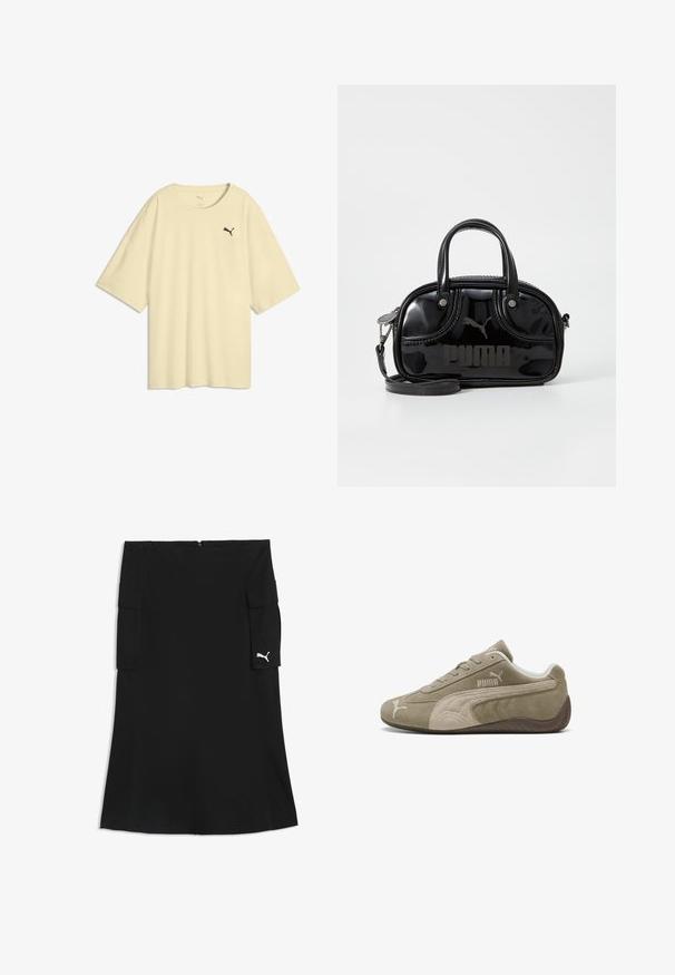 Lysebeige T-shirt med korte ærmer, rund halsudskæring og lille sort Puma-logo på venstre bryst.; Sort nederdel til knæet med cargolommer på begge sider og et lille hvidt Puma-logo på højre lommeflap.; Suedesneakers i lysebrun med mørkere accenter, med et lavprofil design, snørebåndslukning og et mærke logo på siden.; Sort lakeret håndtaske med dobbelte top-håndtag, aftagelig skulderrem, rund form og et fremtrædende præget "PUMA"-logo.