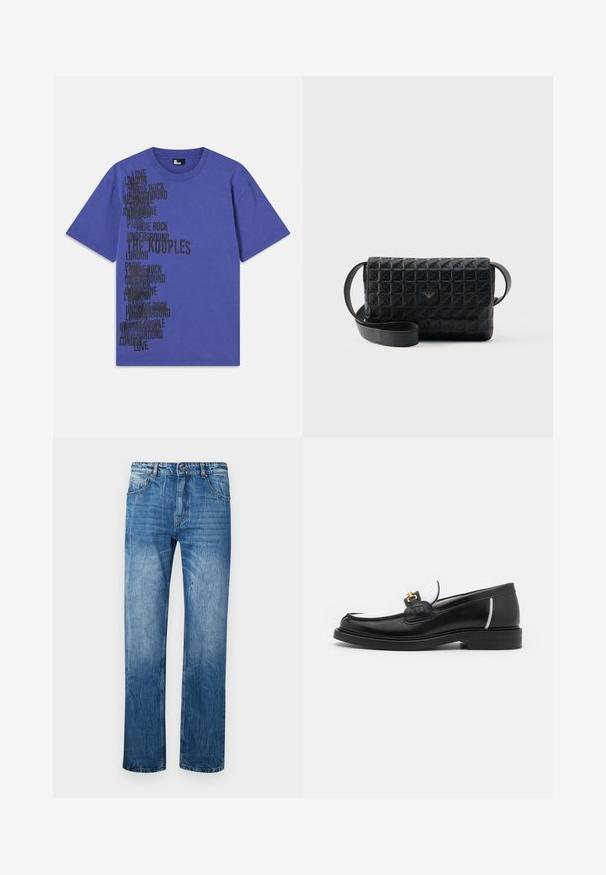 Lilla bomulds T-shirt med sort tekst med bynavne og sætninger ordnet lodret på venstre side. Rund hals, korte ærmer.; Blå denim jeans med lige fit, der har fem lommer, bæltestropper og subtilt slid på stoffet.; Sort læder loafers med rund tå, hvide detaljer og guldbelagte metaldele på vamps. Har et struktureret patch og stablet hæl.; Sort tekstureret crossbodytaske med klaplukning og et lille metallogo foran, vist mod en ensfarvet baggrund.