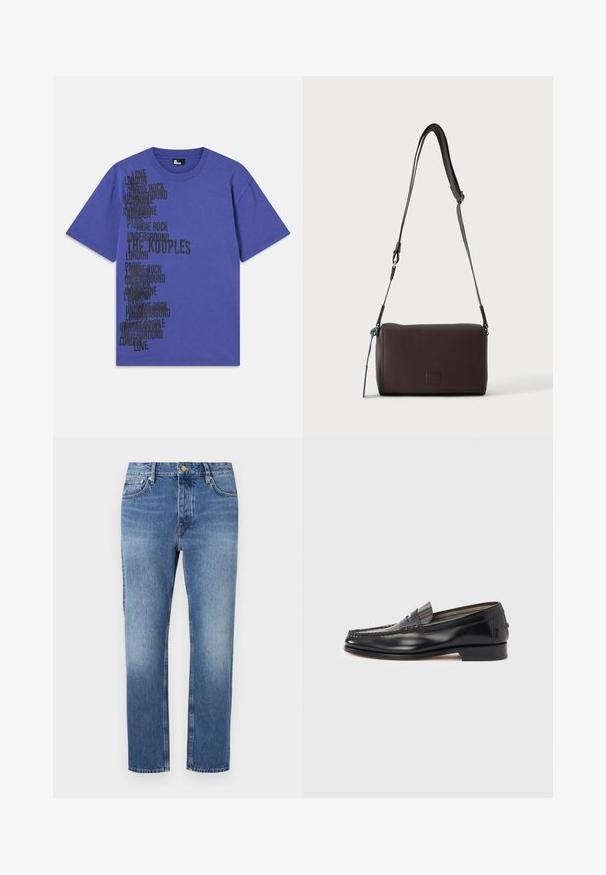 Paarse katoenen T-shirt met zwarte tekst waarin de namen van steden en zinnen verticaal aan de linkerkant zijn gerangschikt. Rond de hals, korte mouwen.; Blauwe denim jeans met een rechte pijp, lichte wassing, klassieke vijf-pocket stijl en een sluiting met voorknop.; Zwarte leren loafers met een mocassin-stijl ontwerp, voorzien van een decoratieve band en stiksel detail op het bovenwerk. Lage blokhak.; Donkerbruine gestructureerde leren crossbodytas met verstelbare riem en klein decoratief blauw accent aan de zijkant.