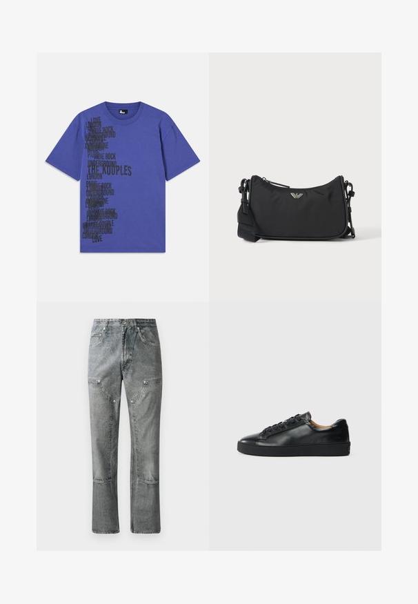 T-shirt en coton violet avec un texte noir comprenant des noms de villes et des phrases disposés verticalement sur le côté gauche. Encolure ras du cou, manches courtes.; Jean en denim gris à coupe droite, avec poches avant, coutures visibles et finition décolorée. Le matériau a une texture lisse.; Baskets en cuir noir avec une texture lisse, bout rond et fermeture à lacets. Comprend une semelle en caoutchouc épaisse et un minimum de détails de marque.; Sac bandoulière rectangulaire noir avec emblème du logo de la marque argenté et sangle réglable sur fond clair.