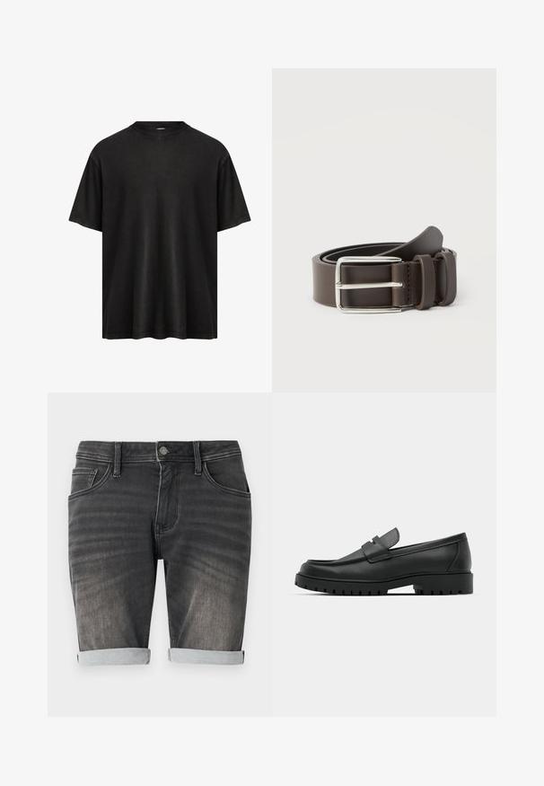 Zwarte oversized t-shirt met een ronde hals, korte mouwen en een soepele afwerking. Heeft rauwe randen en een ontspannen silhouet.; Grijze denimshorts met een omgerolde zoom, voorzien van een vijf-pocket ontwerp, knoopsluiting en subtiele vervaging langs de stof.; Zwarte leren instappers met een ronde neus, voorzien van een gestikt ontwerp, een lage platformzool en een gestructureerde, grof rubberen buitenzool.; Bruine leren riem met een zilveren metalen gesp, met een gladde textuur en een eenvoudig ontwerp. Voorzien van een lus voor aanpassing en bevestiging.