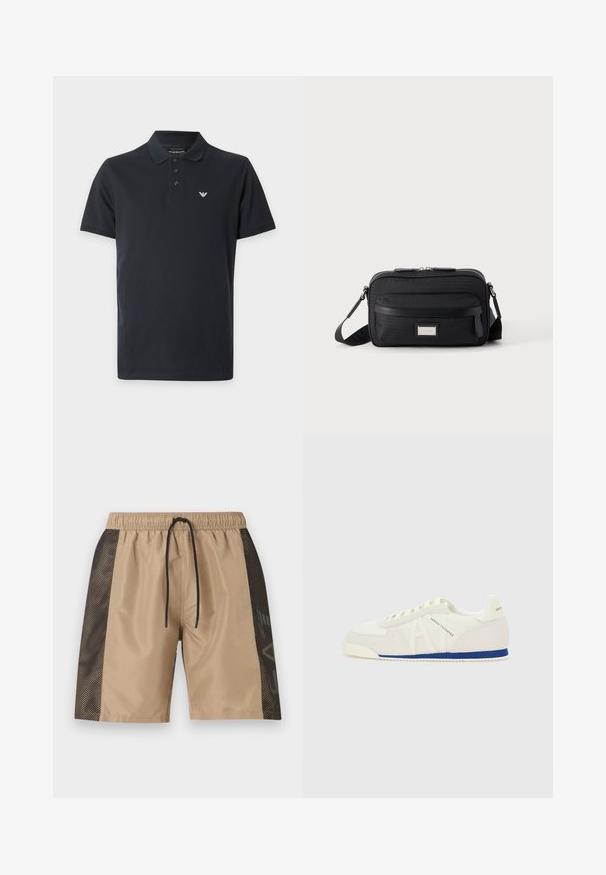 Polo noir à manches courtes avec col, trois boutons et petit logo blanc sur la poitrine gauche.; Shorts beiges avec panneaux latéraux en mesh noir, taille élastique et cordon noir, présentés sur un fond clair uni.; Baskets basses blanches avec bande bleue sur la semelle, panneaux en daim et mesh, lacets, et marquage "Armani Exchange" sur le côté et le talon.; Sac bandoulière rectangulaire noir avec poche avant zippée, sangle réglable et plaque logo rectangulaire argentée sur fond uni.