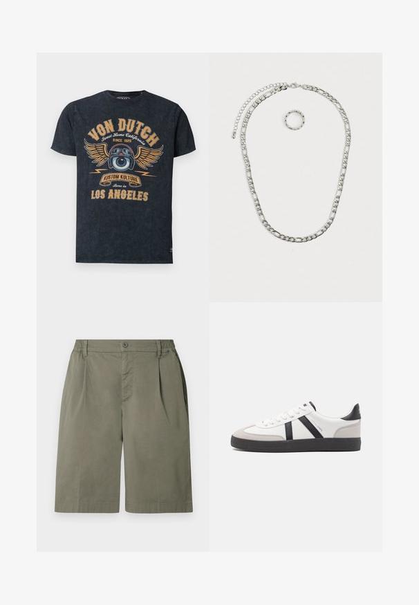 T-shirt noir Von Dutch avec un graphisme d'un globe oculaire ailé portant des lunettes, texte vintage "Sweet Home California Since 1929" et "Los Angeles."; Shorts olive verts arrivant au genou, avec taille élastique, fermeture à bouton et à zip, poches latérales et passants de ceinture.; Baskets blanches avec des accents noirs et gris, présentant un embout texturé gris, une semelle en caoutchouc noir et des lacets plats blancs. Design épuré, style minimaliste.; Ensemble de bijoux en argent massif comprenant un collier à chaîne épaisse avec un fermoir à homard et une bague texturée assortie. Les deux pièces sont brillantes et métalliques.