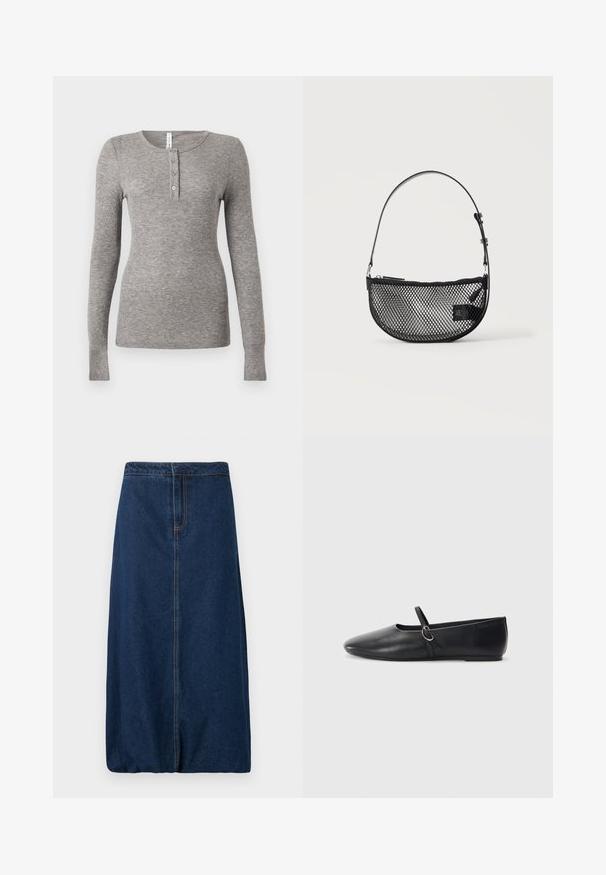 Chemise henley à manches longues grise en tissu côtelé, avec un col arrondi et une patte de boutonnage à trois boutons. Coupe ajustée avec des poignets sans couture.; Jupe droite en denim bleu foncé avec couture à l'avant et ceinture, longueur genou, sans poches ni boutons visibles, design sobre.; Ballerines noires en cuir avec un bout pointu, une semelle plate et une petite sangle avec un détail de boucle en argent.; Sac à main en maille noire forme demi-lune avec une courte bandoulière en cuir réglable et une fermeture éclair sur un fond clair uni.