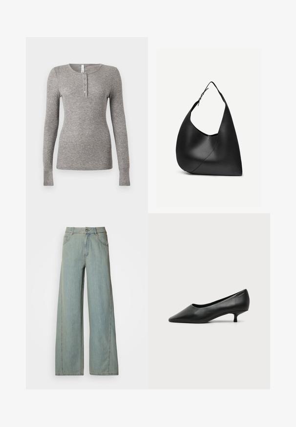 Graues langärmliges Henley-Shirt aus geripptem Stoff, mit rundem Ausschnitt und einer Knopfleiste mit drei Knöpfen. Eng anliegende Passform mit nahtlosen Bündchen.; Helle blaue weit geschnittene Jeans aus Denim, mit einem Knopf- und Reißverschluss, fünf Taschen und kontrastierenden Steppnähten.; Schwarzer Leder-Damenschuh mit niedrigem Absatz, spitzer Schuhspitze und kleinem Kittenabsatz auf schlichtem hellem Hintergrund.; Schwarze Leder-Schultertasche mit geschwungener dreieckiger Form, einem verstellbaren Einzelriemen und sichtbarer diagonaler Naht auf der Vorderseite.