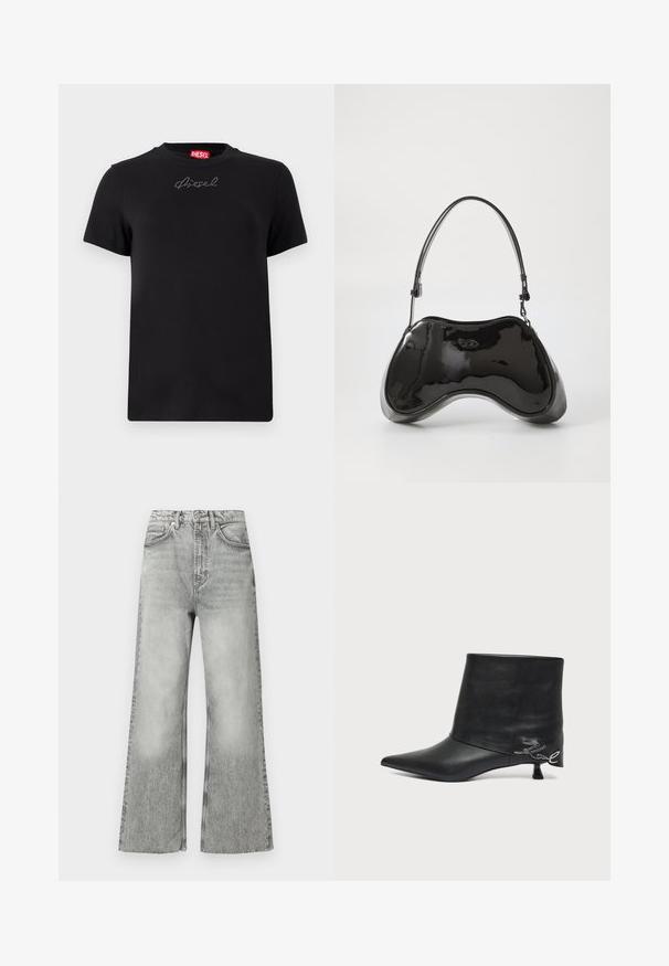 T-shirt noir Diesel à manches courtes avec un petit logo en strass centré juste en dessous de l'encolure.; Jean en denim gris évasé avec une taille haute, une finition délavée, cinq poches et des passants pour ceinture. Détails de coutures le long des coutures.; Bottine en cuir noir avec bout pointu, petit talon kitten et détail écrit argenté près du talon.; Sac à main en cuir verni noir avec une forme incurvée unique, une anse courte et ajustable, et une fermeture zippée. Texture lisse avec un branding discret.
