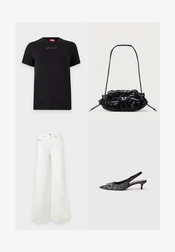 T-shirt noir Diesel à manches courtes avec un petit logo en strass centré juste en dessous de l'encolure.; Jeans blancs taille haute à jambes larges avec poches avant et fermeture par bouton, présentés sur un fond uni.; Escarpin noir avec bride arrière, talon kitten, bout pointu, motif texturé et détail de boucle argentée sur fond blanc.; Sac à main en cuir noir avec un design froncé et un détail en forme de nœud sur le devant. Dispose d'une poignée courte et d'accents de quincaillerie argentée.