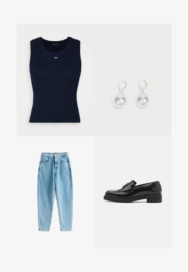 Mørkeblå bomulds tanktop med ribbet struktur, rund halsudskæring og et lille broderet logo på brystet. Let og tætsiddende design.; Lyseblå højtaljede denimjeans med forlommer, knaplukning, bæltestropper og et tilspidset ben-design på hvid baggrund.; Sorte lakerede loafers med lav blokhæl, syet tå og metalspænde detaljer på oversiden, vist i sideprofil på hvid baggrund.; Sølv dråbeøreringe med glatte, runde, reflekterende overflader hængende fra svingelukkede låse. Baggrunden er helt hvid.