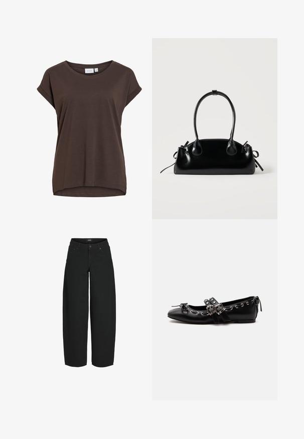 Bruine T-shirt met korte mouwen, losse pasvorm, ronde hals en subtiel opgerolde mouwomslagen, gemaakt van zacht materiaal.; Zwarte cropped jeans met wijde pijpen, voorzijde met knoop- en ritssluiting, voor- en achterzakken, merklabel op de tailleband.; Zwarte platte balletschoen met dubbele gespsluitingen, zilveren oogjes en een klein strikje nabij de afgeronde neus op een witte achtergrond.; Kleine zwarte glanzende handtas met twee lange hengsels en zijkant trekkoord details op een effen lichte achtergrond.